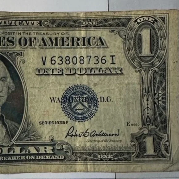 1935-F One Dollar Bank Note Pt Blue Seal Certificate Us Federal $1. Vintage - Picture 3 of 8